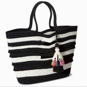 Stella & Dot Taj tote black white large bag fringe tassels braided beach Womens
